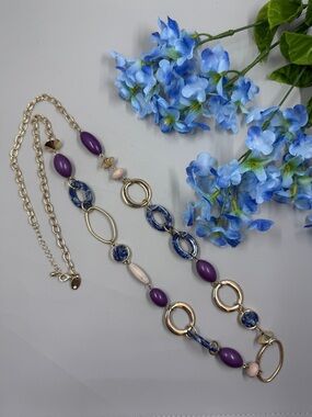 Signed Gold-Tone Purple & Blue Asymmetrical Design Beaded Statement Necklace